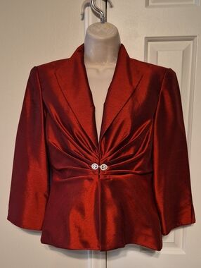 Jessica Howard Red Satin Ruched Blazer with Crystal Buttons